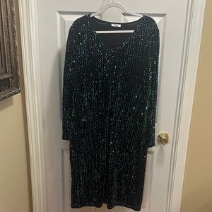 Sequin V-Neck Long Sleeve Dress -Green Iridescent Shine